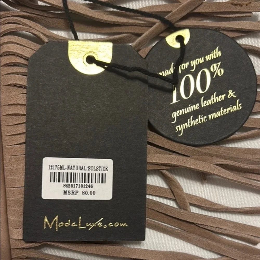 Moda Luxe “Natural Solstice” Taupe Suede & Faux-Leather Fringe Crossbody Bag NWT
